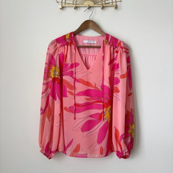 Trina Turk Watson Floral V Neck Blouse Small Long Sleeve Pink - Picture 2 of 11